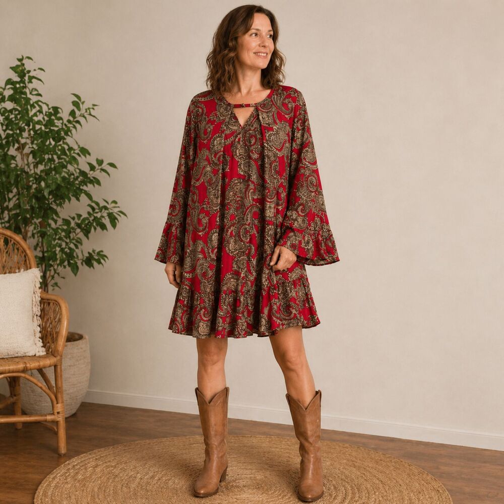 Umgee Paisley Boho Swing Dress Red Long Sleeve Tunic Size XL